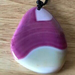 Pink & White Natural Stone Pendant Fashion Necklace Asymmetrical Oval